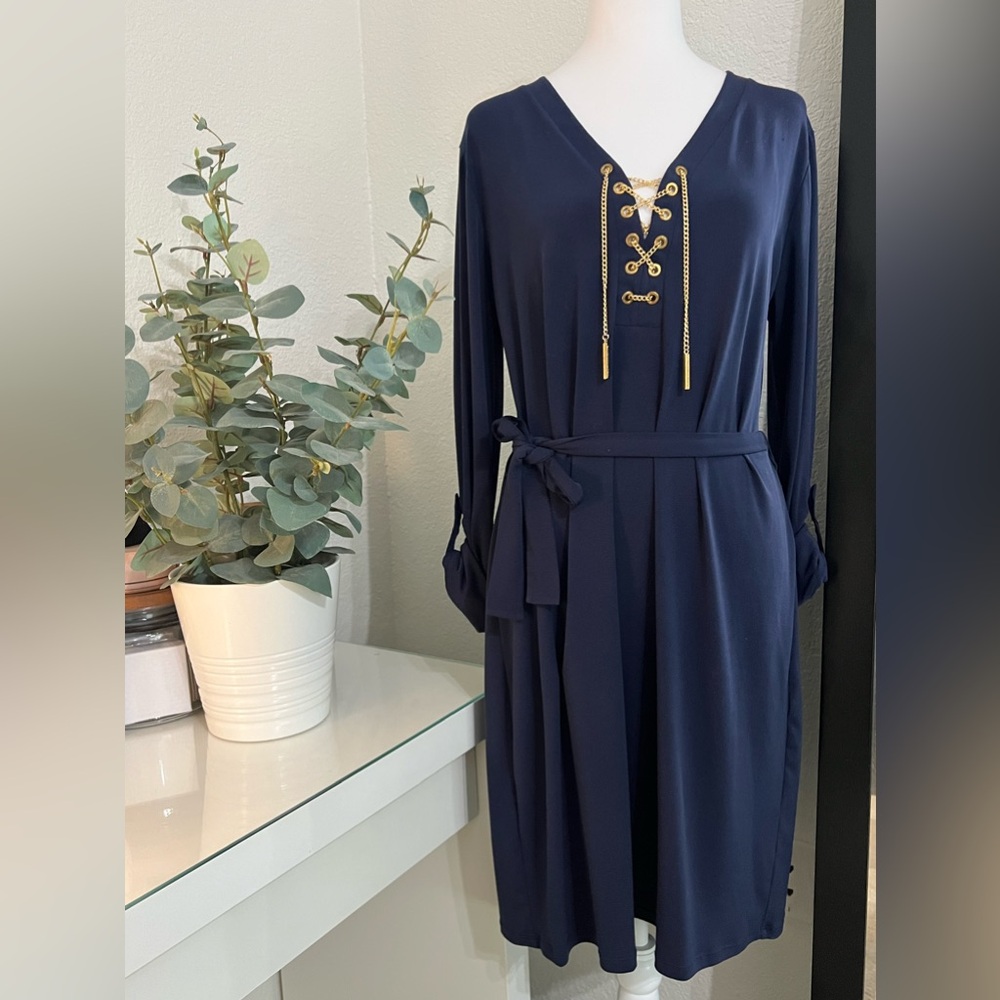 Michael Kors Shirt Dress, Navy/Gold trim, Size L - Picture 9 of 15
